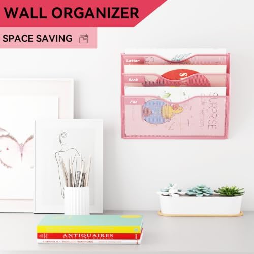3 Pockets Hanging Wall File Organizer Mail Holder, Wall Mounted Paper Document Folder Holder, Clipboard Storage Organization Magazine Rack, Pink