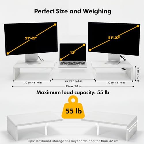 Dual Monitor Riser, Acrylic Monitor Riser, Adjustable Angle & Length Computer Monitor Stand, Wide Desk Shelf for Top of Desk for Home Office_White Maple Look Small