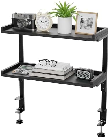 Clamp On Desk Shelf 2-Tier, 16.5 in Wood Shelving Unit for Office Desk/Gaming Accessories, Tabletop Book Storage Rack, Shelf for Top of Desk, Black