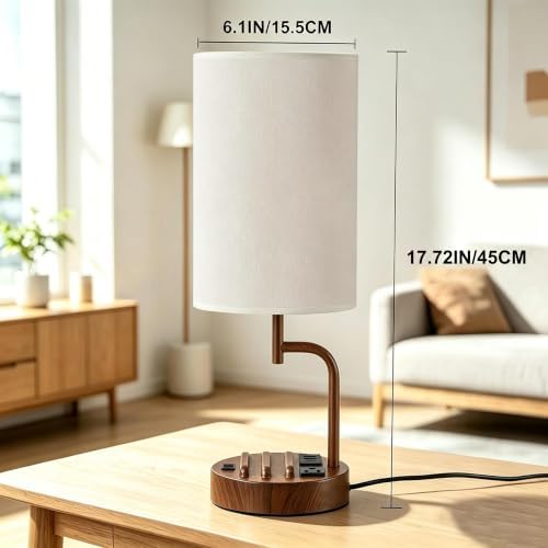 Dreamholder 2 Pack Table Lamp, Bedside Lamp with 3 USB Charging Ports & AC Outlet, USB Desk Lamp with 2 Phone Holders, Linen Fabric Shade Nightstand Lamps for Bedroom Living Room Office, Walnut