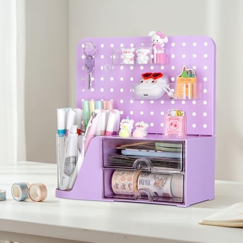 Comix Desk Organizer with 2 Drawer, Purple 360 Rotating Pen Holder for Desk