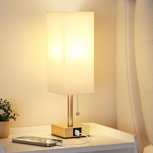 Gold Bedside Table Lamp for Bedroom - Desk Lamp For Nightstand, USB C+A