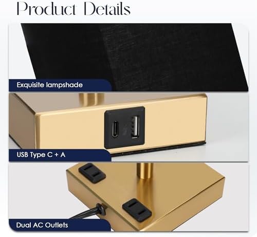 Bedside Lamp with USB Ports - Touch Control Table Lamp for Bedroom with USB C+A Charging Ports & AC Outlets, 3 Way Dimmable Nightstand Light for Living Room (LED Bulb Included, Brass - Black)