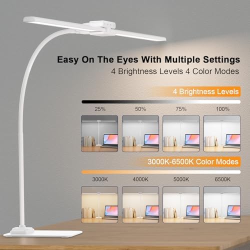 24W Led Desk Lamps with Base for Office Home, 31.5-in Double Head, White