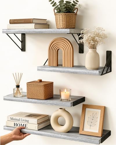 BAYKA Wall Mounted Floating Shelves (Gray and White, Set of 4, 16" Mixed)