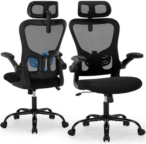 Office Chair Ergonomic Desk Chair High Back Mesh Computer Chair with Adjustable Lumbar Support & Headrest, Flip-Up Armrests, 300lbs Capacity 360 Swivel Chair for Home Office, Black