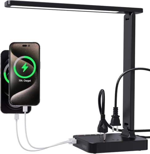 LED Desk Lamp with USB Charging Port for Dorm Office, 800lm, CRI 92, Black