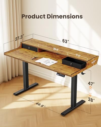 ErGear Electric Standing Desk with Drawers, 63″ x 28″ Gaming Table Compatible Monitor Stand, Stand up Desks, Home Office Height-Adjustable Desk with Storage Shelf, 4 Preset Heights, Vintage Brown