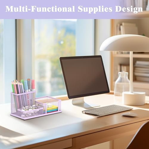 SUPEASY Mesh Pen Holder Desk Organizer, Office Supplies Pencil Storage with 3 Compartments, Office Desk Accessories and Workspace Organizers for Home School Classroom, Purple