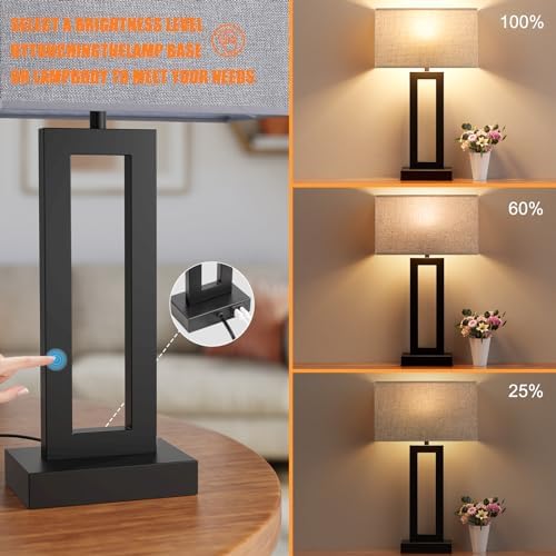 Seealle 22" Tall Living Room Lamps for Night Stands - Touch Bedside Lamp with USB C+A, 3 Way Dimmable Bedroom Lamps for End Tables Set of 2, Modern Night Stand Lamps for Bed Side(Grey&Black)