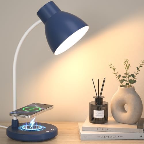 LED Desk Lamp for Home Office with Wireless Charger, Navy Blue