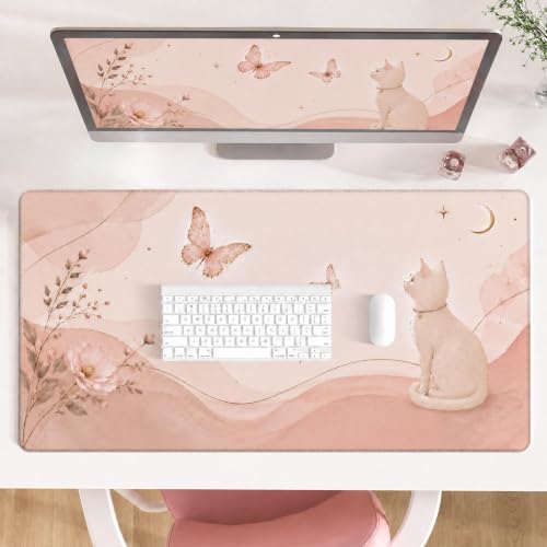 Large Desk Mat 31.5x15.7 Inch Pink Cat Butterfly Mouse Pad