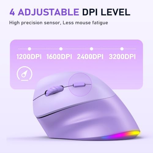 MEETION Left-Handed Wireless Ergonomic Vertical Mouse, Rechargeable -Purple