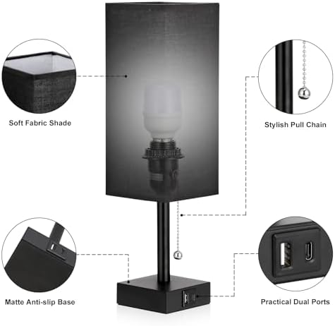 Set of 2 Black Bedside Table Lamps for Bedroom - Nightstand Lamp, USB C+A