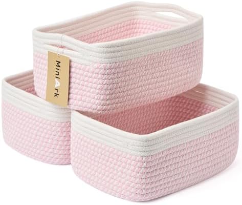 MiniArk Small Storage Baskets for Organizing | Closet Organizer Bins | Shelf Toy Basket | Woven Rope Baskets | Cube Decorative Box | Shallow Basket | 13x8.5x5.1” | 3 Packs White Pink
