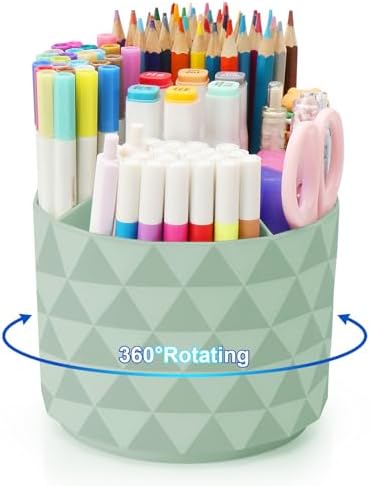 Desk Organizer, 360-Degree Rotating Pencil Pen Holders For Desk, Diamond Pattern Pen Organizer With 5 Compartments, Cute Desk Accessories Decor For Office, School,Home,Art Supply (Green)