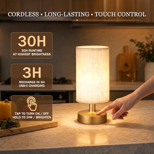 Kakanuo Cordless Table Lamp Rechargeable Small - 1 Pack Beige Gold, 4000mAh Battery Operated Lamp with Touch Control Stepless Dimming, Wireless Lamp for Bedside, Nightstand, Bedroom, Living Room