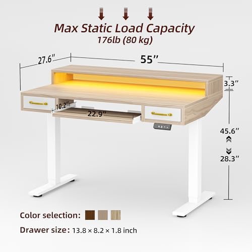 TIQLAB Standing Desk with Two Drawers, Stand Up Standing Desk Adjustable Height, Electric Sit Stand Table with Storage Shelf and Splice Board, with LED Light, 55 * 28 inch, Light Walnut