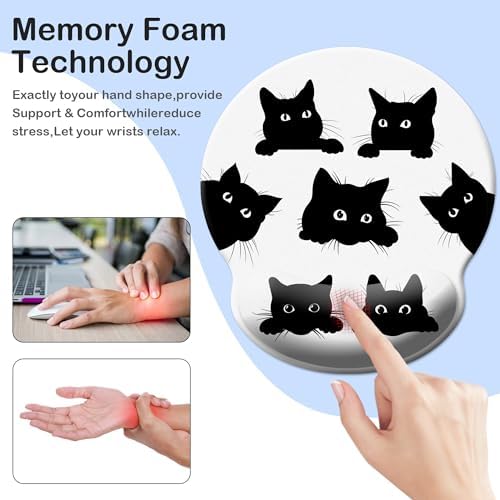 Funny Cat Mouse Pad Wrist Support,Ergonomic Mouse Pad with Wrist Rest,Comfortable Mousepad with Smooth Wrist Rest,Pain Relief Mouse Pads for Non-Slip Base,Computer,Laptop,Office & Home(Six Black Cats)