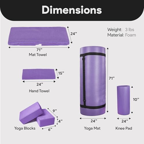 BalanceFrom 7-Piece Yoga Set with 71x24x0.5 Inches Extra Thick Mat and Carrying Sling – Includes 2 Blocks, Stretch Strap, 2 Towels, and Knee Pad for Home, Studio, and Gym Workouts