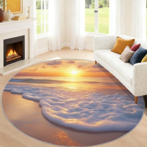 Coastal Round Rug - 8ft Washable Ocean Theme Round Area Rug for Living Room, Marine Landscape Circle Rugs Soft Non-Slip Carpet for Bedroom Dining Table Coffee Table Decor Mat