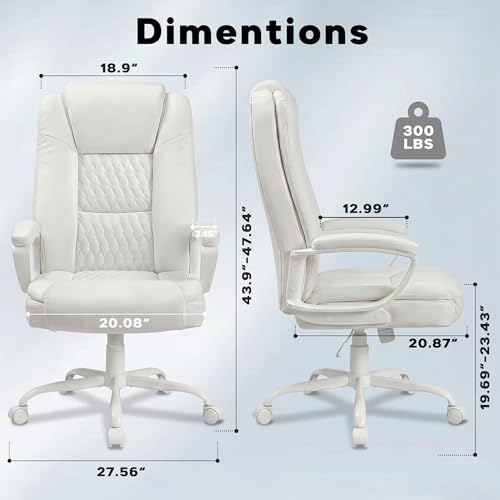 Executive Office Chair, High Back Ergonomic Desk Chair with Lumbar Support, Adjustable Big and Tall Computer Chair, 360° Swivel, PU Leather, White