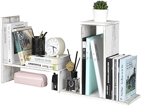 MyGift Adjustable Whitewashed Solid Wood Desktop Storage Organizer Display Shelf Book Rack, Office Desk Bookshelf