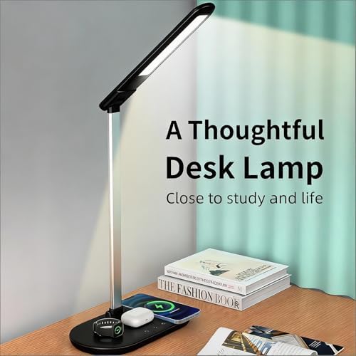 IHAO 3in1 Wireless Charging Eye-Care Desk Lamp 15W Fast Charging Station for Phone, Smartwatch & Earbuds, Touch Control Dimmable LED Light Adjustable Gooseneck, Modern Office Table Lamp-HYT2096 Black