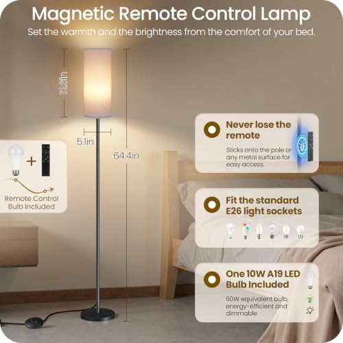 Dimmable Floor Lamp for Living Room with Remote and Foot Switch, Corner Floor Lamp, Modern Standing Tall Lamp, 10W 900LM LED Bulb Included, 3000K-6500K, Linen Shade, Weighted, FCC Listed CW06LD05W1