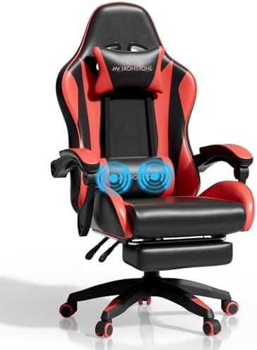Mr IRONSTONE Red Gaming Chair with Footrest, Ergonomic High Back Gamer Chair with Massage Lumbar Support, Reclining Video Game Chair with Adjustable Headrest, Swivel Computer Desk Chair