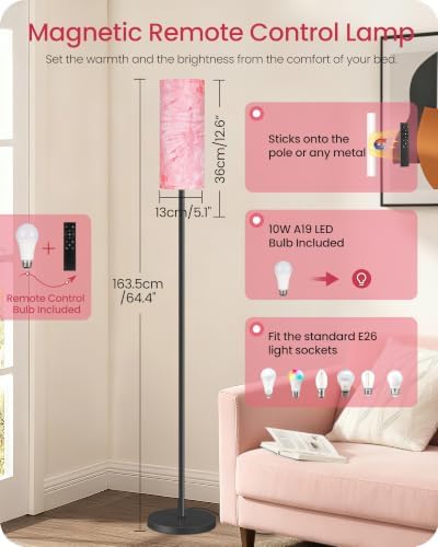 Dimmable Floor Lamps for Living Room with Remote and Foot Switch, 64.4” Modern Standing Tall Lamp, Corner Lamp for Bedroom, Bulb Included, 3000K-6500K, FCC Listed, Sakura Pink and Black CP06LD05W1