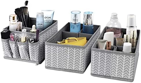 Cosmetic Storage Bins Makeup Organizer, Adjustable Multifunction Storage Box Desk Drawer Divider for Makeup Brushes, Bathroom Countertop or Dresser, Set of 3 (Grey)