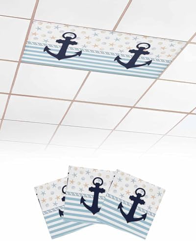 Christmas Anchor Magnetic Fluorescent Light Covers for Ceiling Lights 2 x 4 Feet,Nautical Sea Star Shell Stripe Blue Office Classroom Kitchen Drop Ceiling Light Covers Filters Shade Panel 3 Packs