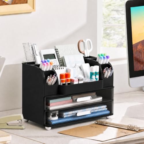 HBlife Desk Organizer with Pencil Pen Holder for Desk, Pen Organizer with 2 Drawers, Desk Organizers and Accessories with Compartments, Desktop Storage for Office, Home, School, Art Supplies, Black