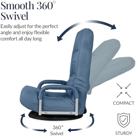 Best Choice Products Swivel Gaming Chair 360 Degree Multipurpose Floor Chair Rocker for TV, Reading, Playing Video Games w/Lumbar Support, Armrest Handles, Adjustable Foldable Backrest - Dusty Blue