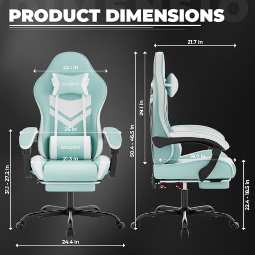 Gaming Chair with Footrest & Massage Lumbar Support, PU Leather Ergonomic High Back Swivel Height Adjustable Chair for Adults, Office Gaming, 300 lbs (Green White)