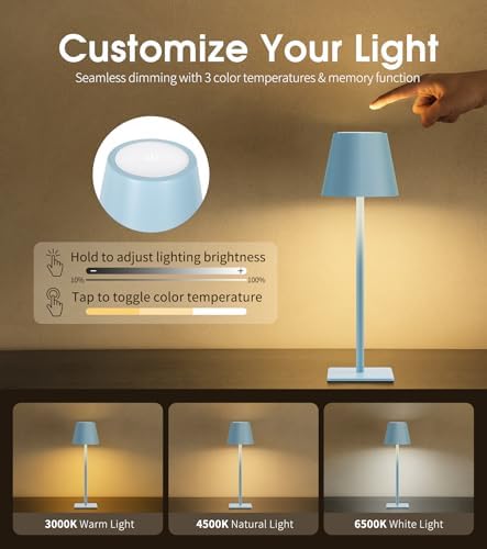 UME 3 Pack Cordless Table Lamp, Battery Operated Lamp - Portable Waterproof Rechargeable Table Lamp w/ 3 Color Temps & Stepless Dimming for Dinner, Desk, Cafe, Outdoor (Blue)