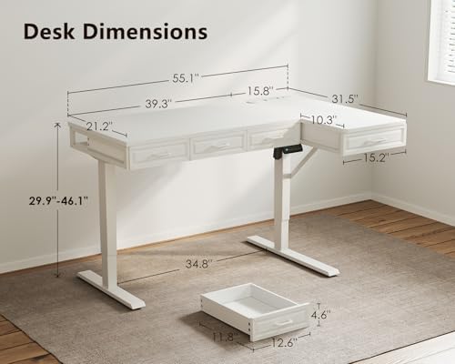 OffiGo 55 Inch L Shaped Standing Desk with 4 Wooden Drawers, White