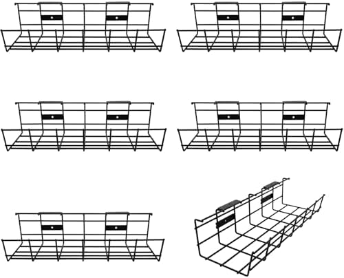 Under Desk Cable Management- 6 Pack Cord Organizer. Metal Wire Cable Management Tray for Office, Studio and Home. Super Sturdy Under Table Cable Managements - Black Cable Organizer