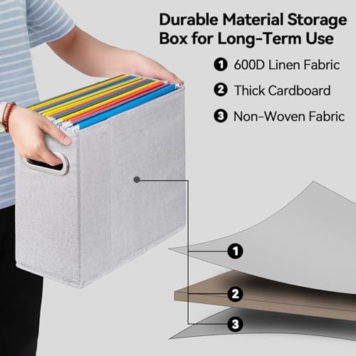 4 Packs Letter Size File Organizer, File Folders Organizer, Fabric Storage Box, Collapsible Paper Organizer with Metal Handle, Smooth PVC Rails, Only Box (Light Gray)