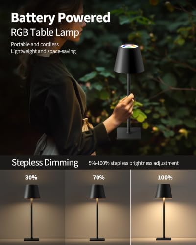 KDG 2 Pack Cordless Black Table Lamps, RGB Color Stepless Dimming Desk Lamp