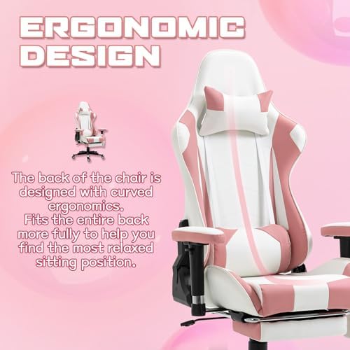 Pink-White Ergonomic High Back Massage Gaming Chair with Footrest