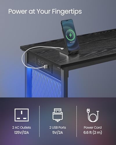VASAGLE Bar Table with Power Outlets, LED Lights, Computer Desk, 47.2" L