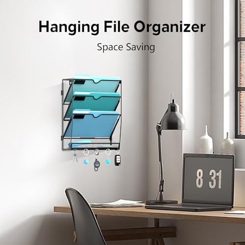 4-Tier Wall File Organizer and Mail Organizer with 5 Hooks, 2 Pack