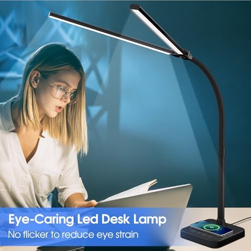 ShineTech LED Desk Lamp, 24W Double Head Desk Light with Wireless Charging