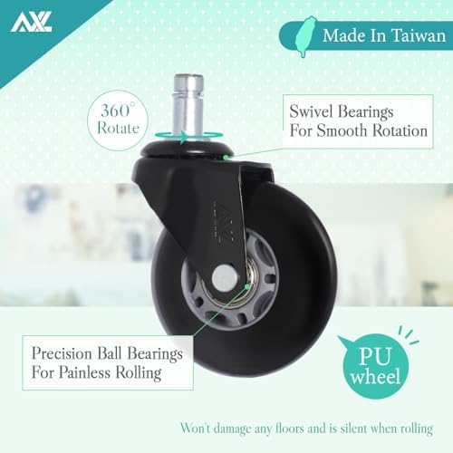 AXL 2.8” Heavy Duty Office Chair Caster Wheels Replacement, Universal Fit PU Rollers for Hardwood & Carpet, Scratch-Free & Noiseless (Set of 5) (Grey/Black, 2.8 inch Black Bracket)