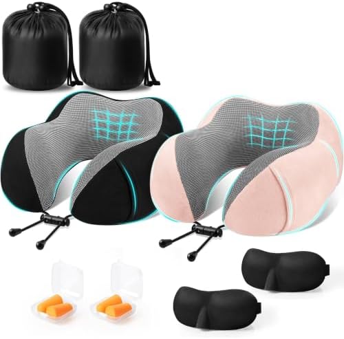 CloudBliss Memory Foam Travel Neck Pillow Airplane, Set of 2, Black & Pink