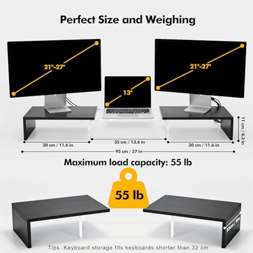 Dual Monitor Riser, Acrylic Monitor Riser, Adjustable Angle & Length Computer Monitor Stand, Wide Desk Shelf for Top of Desk for Home Office_Black Maple Look Small
