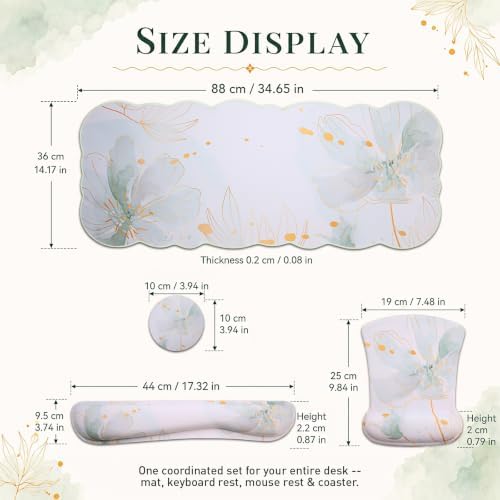 Scalloped Desk Mat 4-in-1 Set, XXL Large Wave Edge Mouse Pad with Gel Wrist Rest, Memory Foam Keyboard Wrist Rest & Coaster, Watercolor Floral Aesthetic Desk Pad for Women