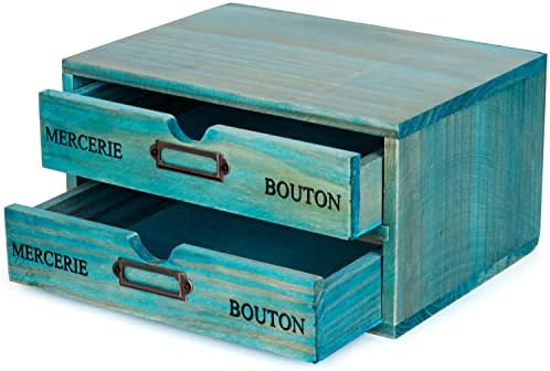 Turquoise 2-Tier Drawer Unit - European Country Style Desk Organizer Box - 9.7x7x5.1" Teal Wooden Stackable Drawers - Countertop Organizer Drawers w/Label Holder - Double File Drawer Unit